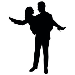 Man carries woman in his arms flat style vector silhouette, white background