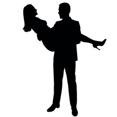 Man carries woman in his arms flat style vector silhouette, white background