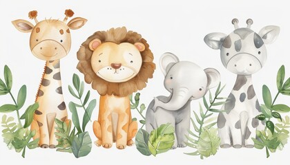 Obraz premium Watercolor cartoon of baby jungle animals in greenery. Concept of cute wildlife by AI generated image