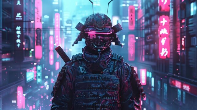 a close-up look at a traditional and futuristic cyberpunk samurai ninja. Ai generated image