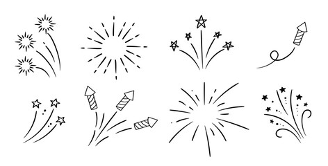 Hand drawn fireworks and stars collection. Doodle sketch. Linear vector explosions set.