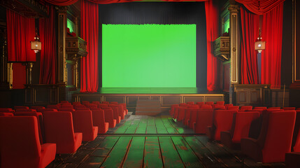 Fototapeta premium Chroma green screen of cinema movie theatre with realistic red rows of seats and chairs with empty copy space background. Movie premiere and Entertainment concept