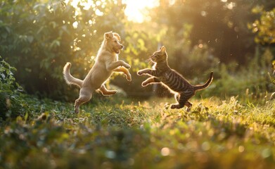 Obraz premium A dog and cat playing together in the garden 