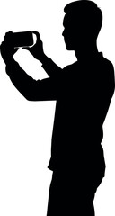 Man taking pictures with holding a smartphone two hands vector silhouette