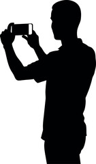 Man taking pictures with holding a smartphone two hands vector silhouette