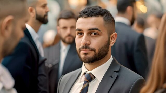 Businessman in Suit and Tie Speaking to a Group, A successful Muslim businessman networking at a high-profile industry event, exuding professionalism and charisma