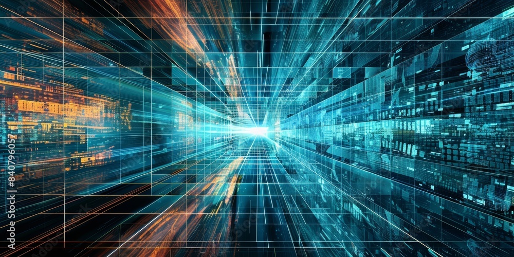 Poster abstract digital background with a focus on data visualization and network grids, creating a sleek a