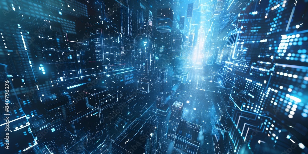 Poster futuristic technology background featuring a dynamic gradient and geometric patterns, creating a mod