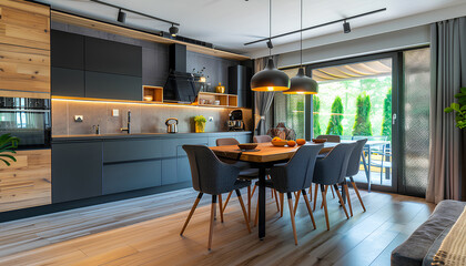 Interior of modern open plan kitchen with dining table and glowi