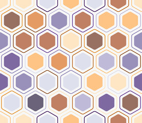 Obraz premium Pattern of hexagon shapes. Rounded hexagons mosaic pattern with inner solid cells. Large hexagon shapes. Multiple tones color palette. Seamless pattern. Tileable vector illustration.