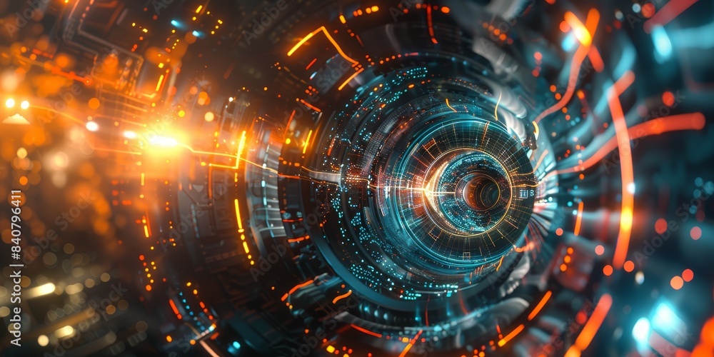 Poster High-tech digital art background with a focus on holographic elements and futuristic design, perfect for AI and augmented reality themes