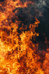 Fire flames on black background, intense heat and energy