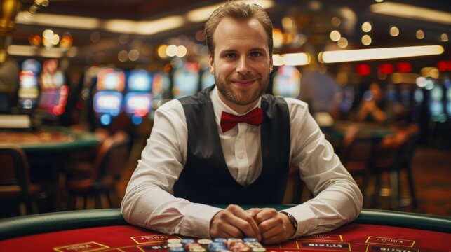 Casino Dealer at a Gaming Table in a Brightly Lit Casino