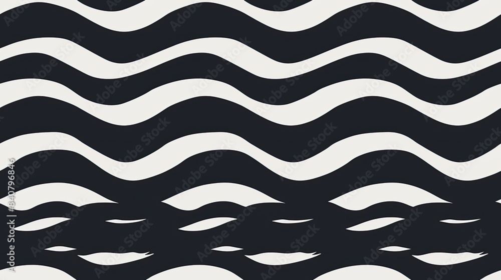 Poster an abstract black and white seamless pattern, featuring wavy lines and simple geometric shapes, crea