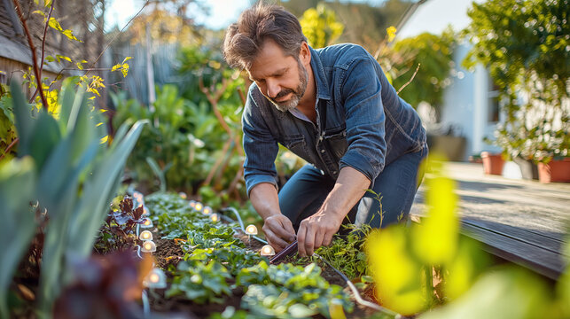 Middle-Aged Man Gardening on Sunny Day: Cultivating Plants Outdoors - Powered by Adobe