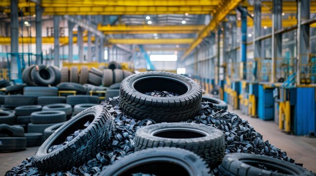 Car tire piles in factory storage  recycling, waste management, synthetic rubber production concept