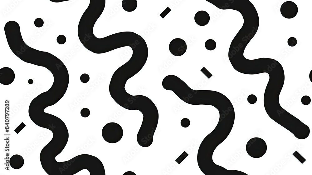 Poster an abstract black and white seamless pattern, featuring wavy lines and simple geometric shapes, crea