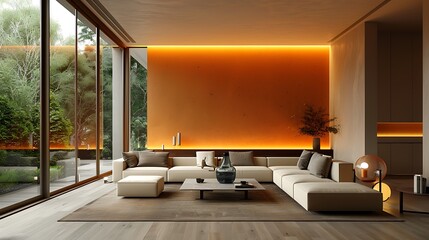 A minimalist living room with a burnt sienna accent wall, light beige furniture, and subtle lighting, creating a warm environment