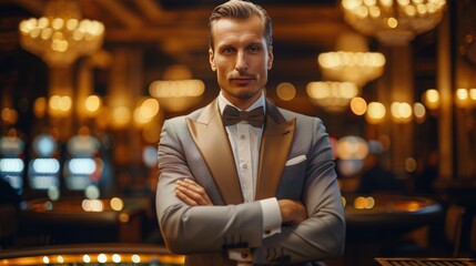 Fototapeta premium Casino Dealer at a Gaming Table in a Brightly Lit Casino