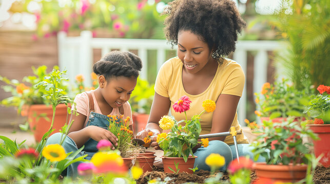 Joyful African American Mother and Daughter Gardening Together Outdoors