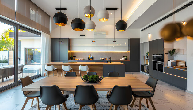 Interior of modern open plan kitchen with dining table and glowi