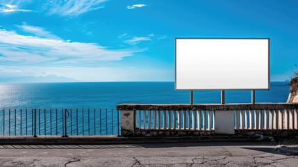 A highway road with a white blank billboard on a bridge over the sea, with a blue sky background