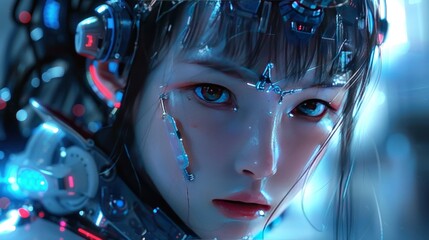 Close up view of beautiful and cute girl cyberpunk cyborg robot on 3D background. AI generated images