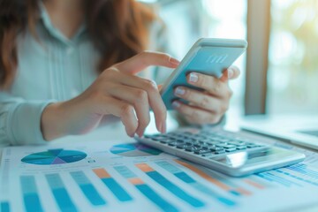 hand of business woman hold smartphone use analyzing and calculating the annual income and expenses, a financial chart and financial report, technology and bussiness concept.