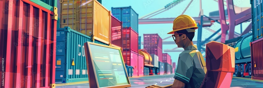 Poster A logistics manager coordinating shipments on a computer, with a backdrop of shipping containers and trucks, depicting the complexity of supply chain operations