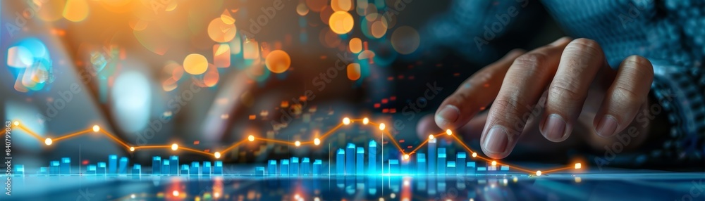 Poster businessman analyzing financial data on a digital tablet with abstract background. concept of data a