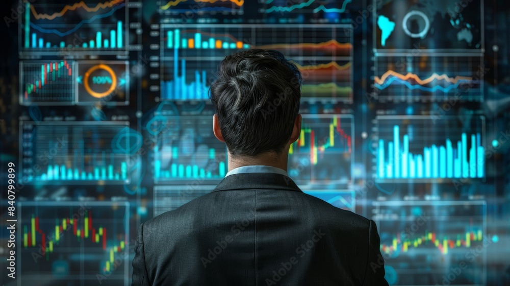 Poster Businessman analyzing financial data on multiple digital screens, focusing on graphs and charts. Concept of data analysis and stock market.
