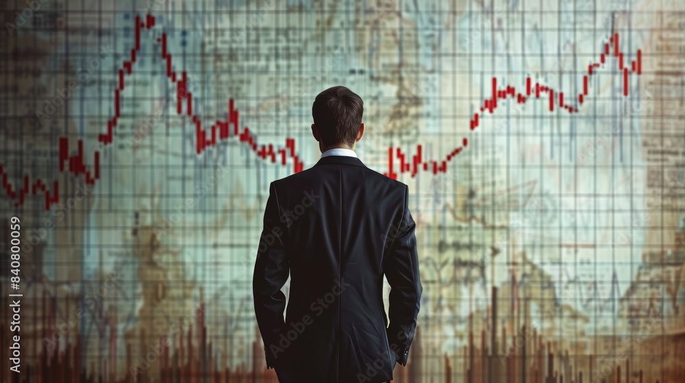 Poster businessman analyzing stock market data on a large screen with financial graph charting performance 
