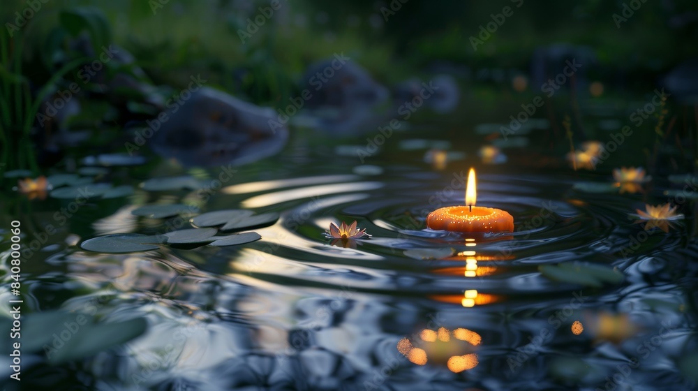 Poster single candle floating on water surrounded by lily pads creating a relaxing atmosphere