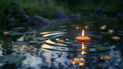 Single candle floating on water surrounded by lily pads creating a relaxing atmosphere