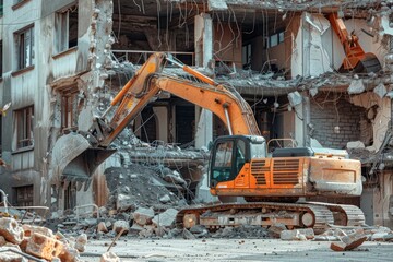 Fototapeta premium An excavator demolishes an old building at a construction site, clearing debris for new development.