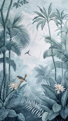 Illustration of tropical wallpaper print design with palm leaves, monstera leaves, birds and texture. Exotic plants and birds on textured background. AI generated illustration