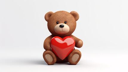Obraz premium cute brown teddy bear holding a big red heart on a white background, holiday gift for Valentine's Day