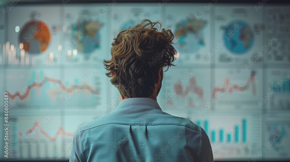 Poster person analyzing data on multiple screens with charts and graphs. focus on business insights and dat