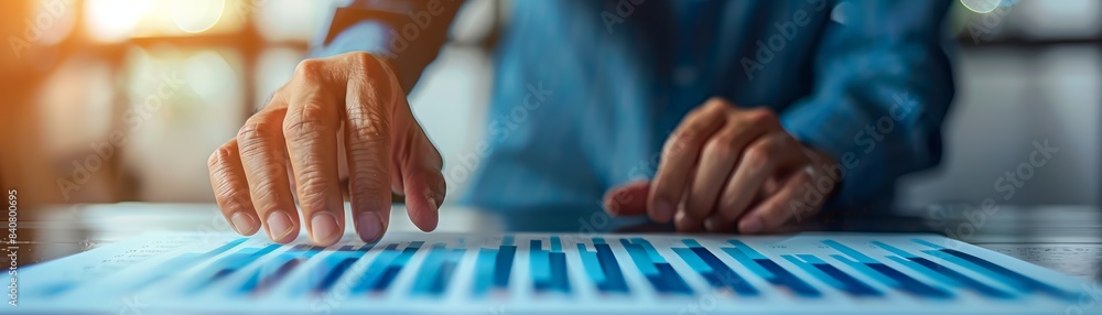 Poster close-up of hands analyzing financial data on a digital tablet with a background of office light. bu