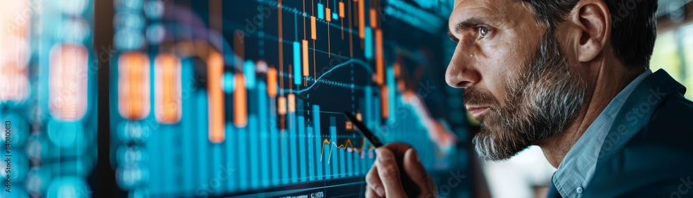 Aufkleber focused businessman analyzing financial data on computer screen with charts and graphs. stock market