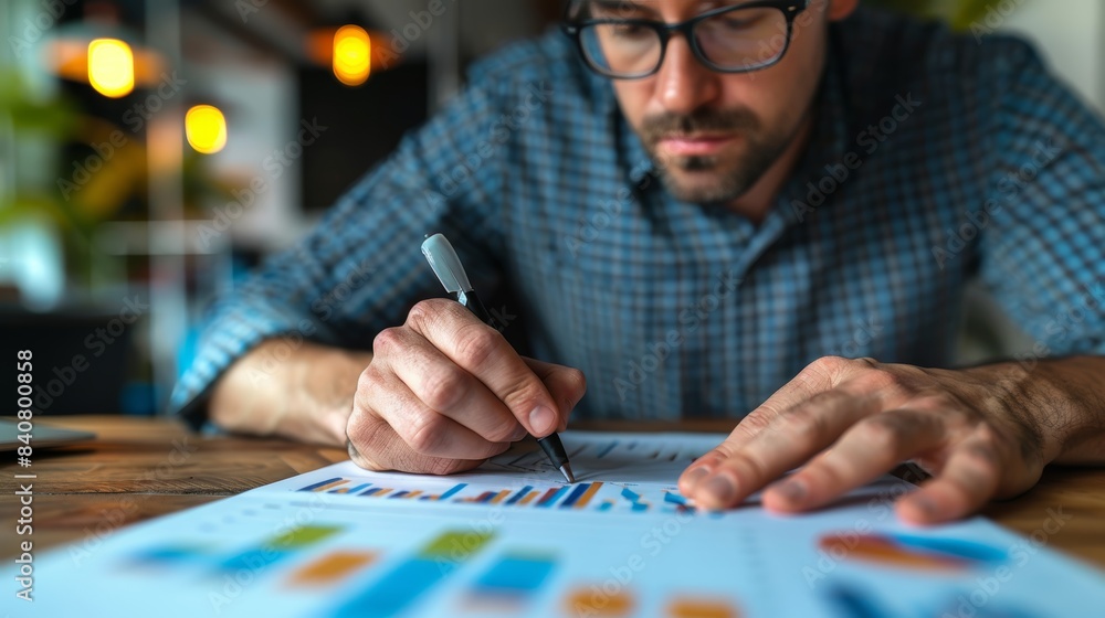 Poster focused professional analyzing financial charts and graphs, working on business data analysis and ma
