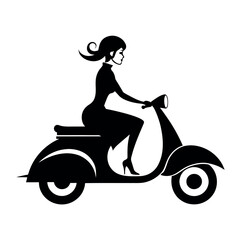 Retro scooter, abstract vector illustration, with a female rider, vector silhouette