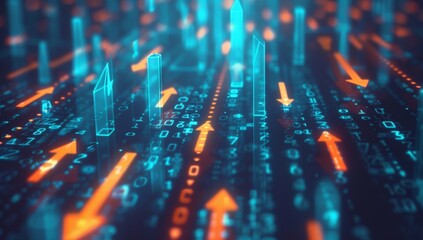 Fototapeta premium Digital background featuring glowing arrows and graphs, representing stock market growth or business performance.