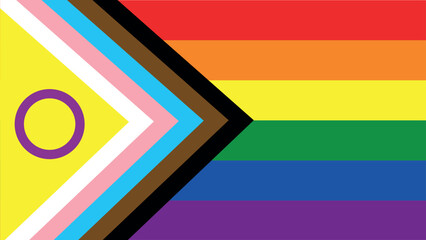New Progress Pride Flag. Pride Flag. LGBTQ+ colored flag. Pattern. Pride Parade. Multicolored LGBT+ linear flag.