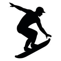 Snowboarding, man on snowboard vector silhouette white background 