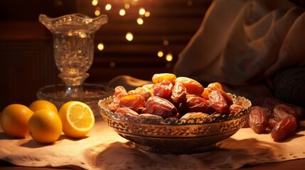 Obraz premium Bowl of Juicy Dates Illuminated by Soft, Warm Light