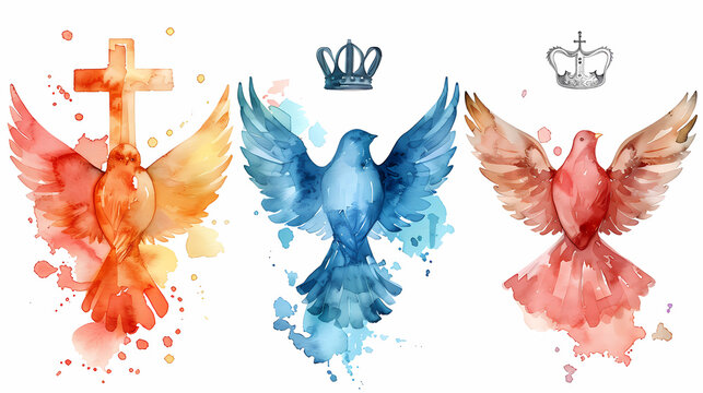 holy trinity symbols of cross crown and dove on watercolor background