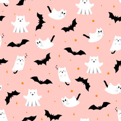 Cute halloween pattern with ghost cats, bats, stars on pink background. Vector flying Halloween characters, cartoon kittens spirit. Kawaii ghost print for fabric texture, greeting card, wrapping paper