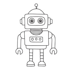Cute retro robot character in doodle style. Hand drawn vector art.