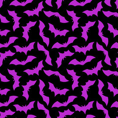 Halloween Bat flat seamless pattern. Vector Happy Halloween print with flying violet bat silhouette on black background. For wrapping, fabric, holiday decoration, textile, wallpapers